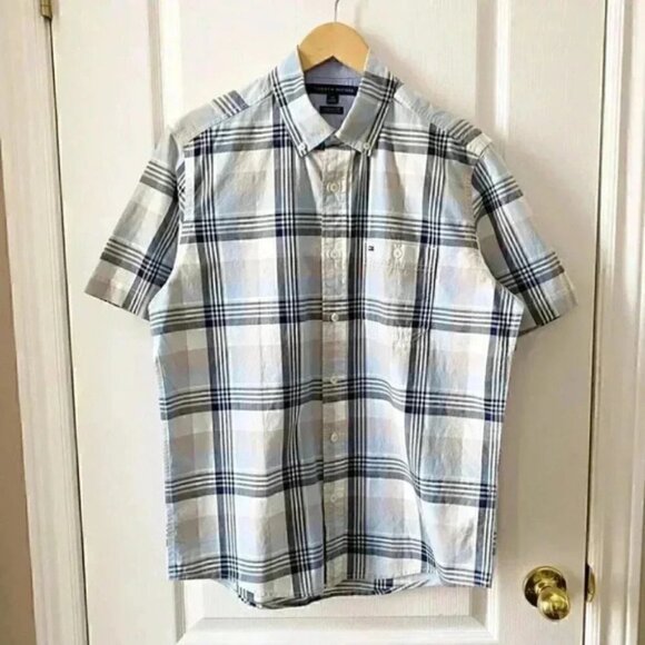 Tommy Hilfiger Mens Shirt Short Sleeve Button Down Cotton Blue Beige Plaid Small - Picture 3 of 15